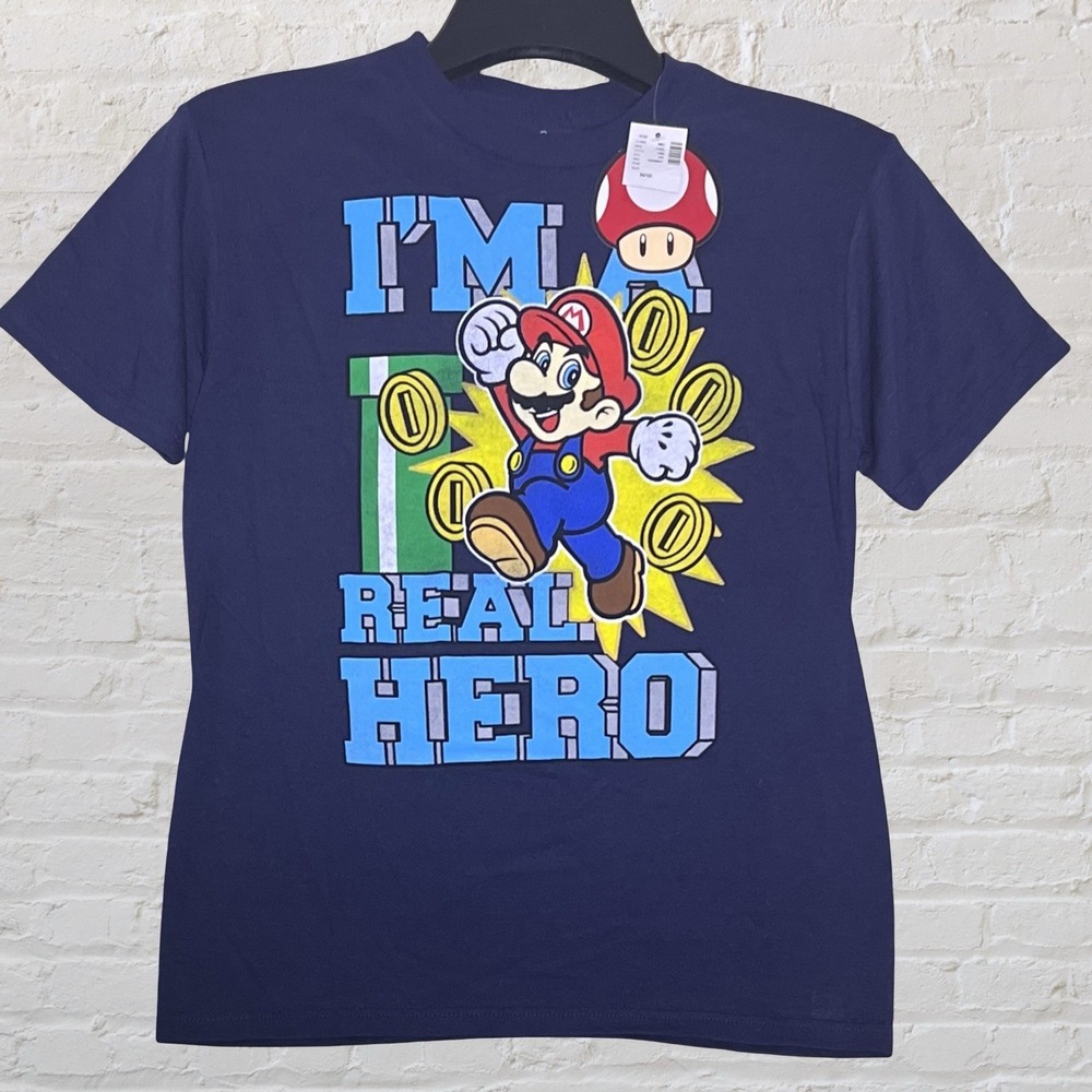 Retro‎ Nintendo Super Mario Bros Graphic Tee Youth M Navy Mario Toad Gamer NWT